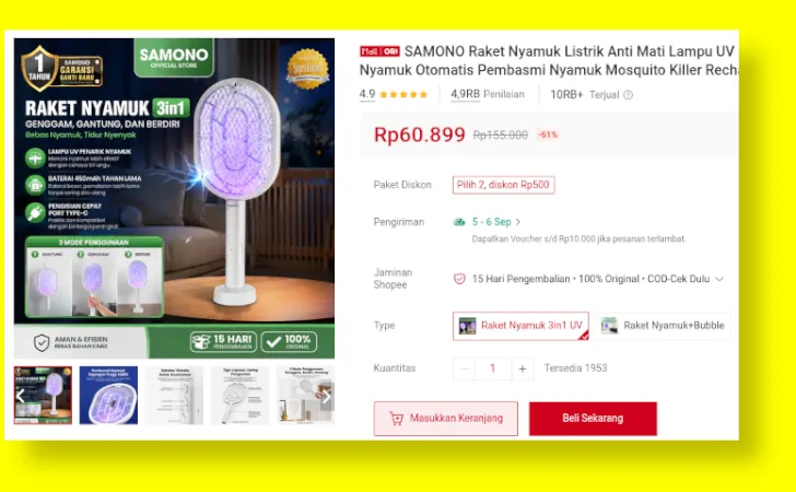 samono raket nyamuk di shopee